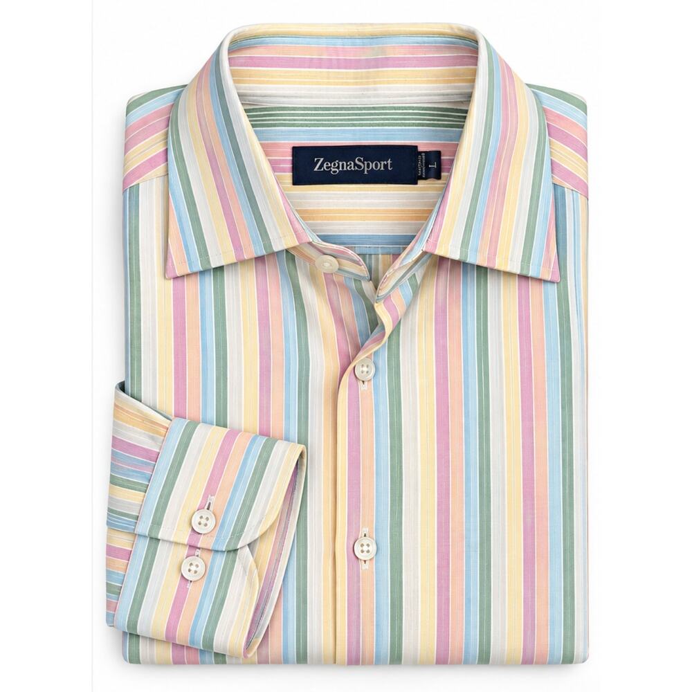 ZegnaSport Mens Shirt L 100% Cotton Multicolor Pastel Stripe Button Up Italy